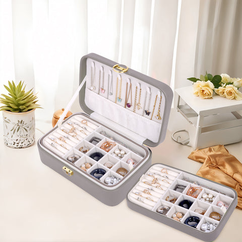 KRISHYAM® Luxury Lockable Jewelry Organizer Box – Portable PU Leather Organizer with Removable Tray for Rings, Earrings, Necklaces, and Bracelets (Black, Grey, White, Pink)