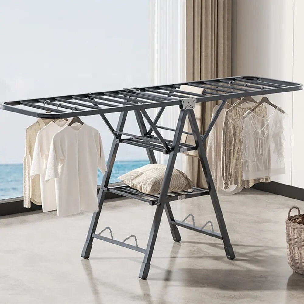 KriShyam® Clothes Drying Rack,Foldable 3-Level Laundry Drying Rack,Free-Standing Rack with Height-Adjustable Wings 22 Drying Rails,with Shoe Holder with 4 Wheels,Grey