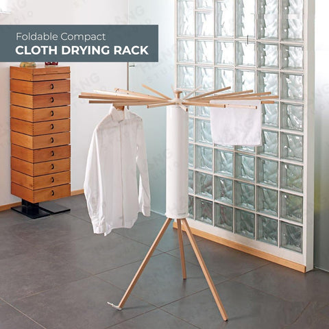 KRISHYAM® 16 Stick Clothes Drying Rack - Portable Indoor/Outdoor Laundry Airer | Space-Saving Tripod Design | Natural Bamboo & White Finish (16 Stick-White & Wooden)