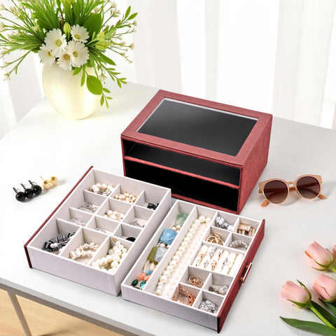 BucketList® Premium PU Leather Jewellery Organizer Box with Glass Lid | 2 Pull-Out Drawers Multi-Compartment Storage for Rings, Earrings, Necklaces & Bracelets (2-Layer Jewelry Box (Black, Pink, Red, White)