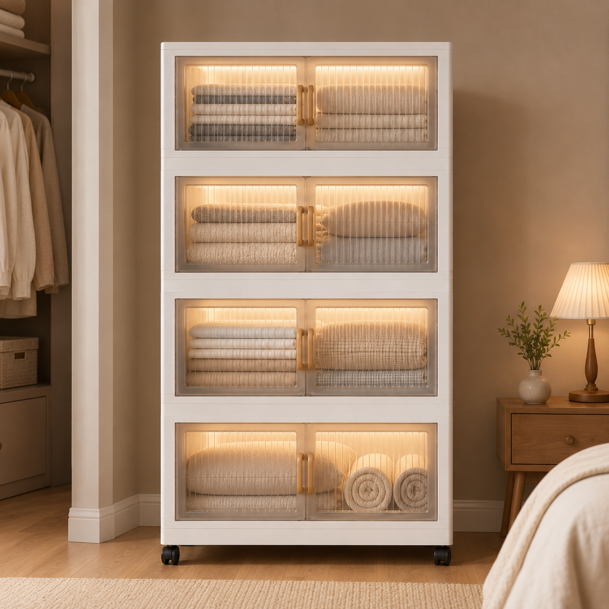 KRISHYAM® Modular Plastic Storage Cabinet with Translucent Doors & Wheels | Multi-Tier Clothes & Utility Organizer | Dustproof Freestanding Wardrobe (4 Layer - 4 Transparent Door (White)