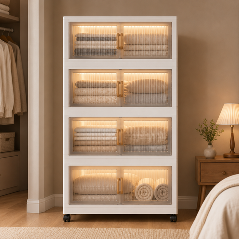 KRISHYAM® Modular Plastic Storage Cabinet with Translucent Doors & Wheels | Multi-Tier Clothes & Utility Organizer | Dustproof Freestanding Wardrobe (4 Layer - 4 Transparent Door (White)