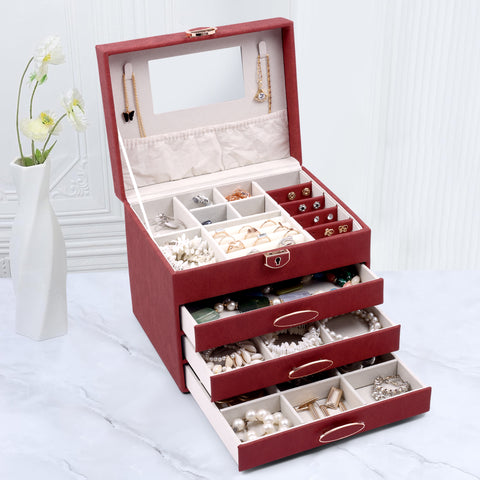 BucketList® Luxury PU Leather Jewellery Organizer Box with Mirror & Lock | 3 Drawer Jewelry Storage Case with Ring Rolls & Compartments (4 Drawers Jewelry Box with Mirror (Black,Gery, Pink, Red