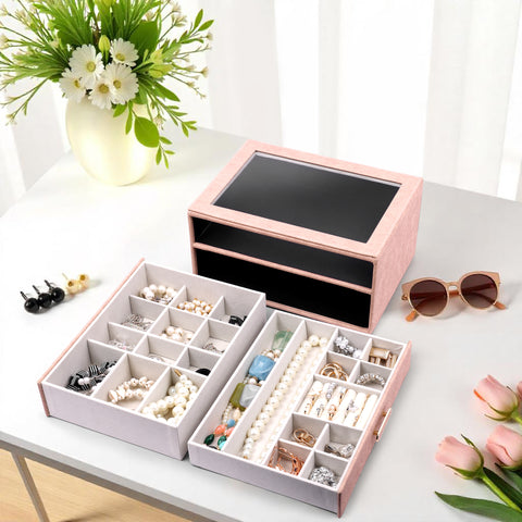 BucketList® Premium PU Leather Jewellery Organizer Box with Glass Lid | 2 Pull-Out Drawers Multi-Compartment Storage for Rings, Earrings, Necklaces & Bracelets (2-Layer Jewelry Box (Black, Pink, Red, White)