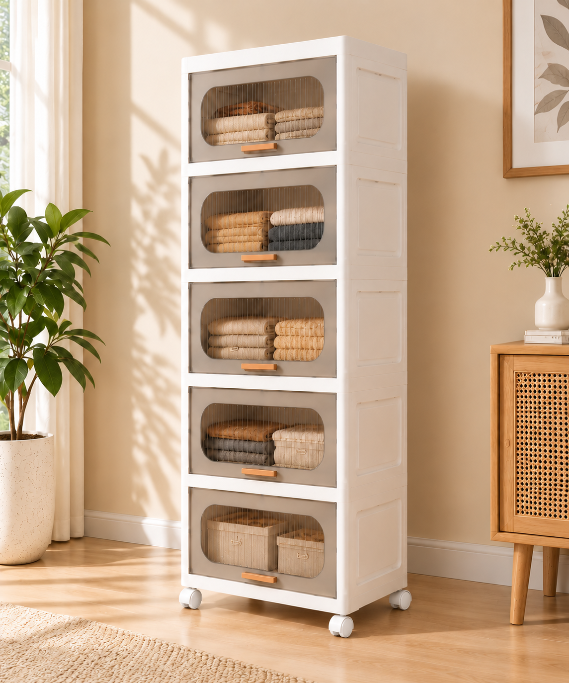 KRISHYAM® 5-Layer Plastic Storage Cabinet with 5 Lift-Up Doors & Wheels, Smoky Translucent Modular Clothes Organizer Cupboard for Bedroom, Kids Room & Home Storage, 134 x 59 x 31 cm, White