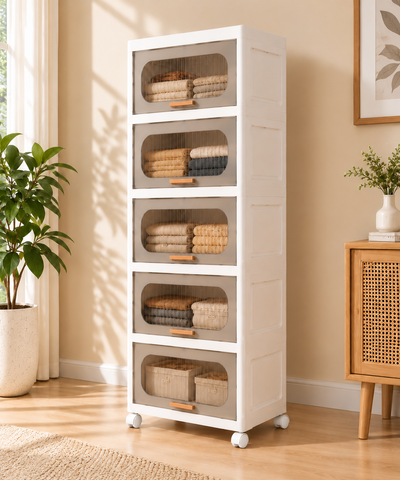 KRISHYAM® 5-Layer Plastic Storage Cabinet with 5 Lift-Up Doors & Wheels, Smoky Translucent Modular Clothes Organizer Cupboard for Bedroom, Kids Room & Home Storage, 134 x 59 x 31 cm, White