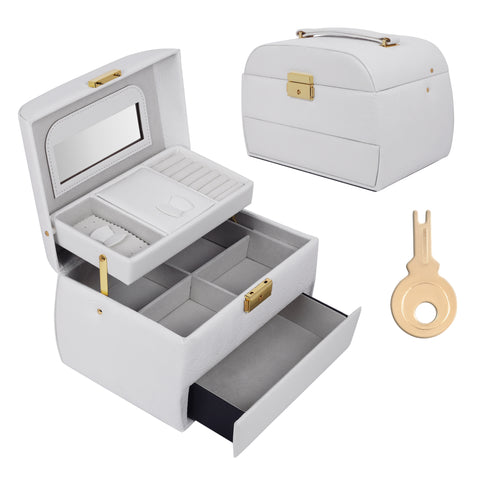 KRISHYAM® Luxury Lockable 3 Layer Leather Jewelry Box Organizerwith Mirror, Drawer & Key – Black Faux Leather Travel Case for Women & Girls