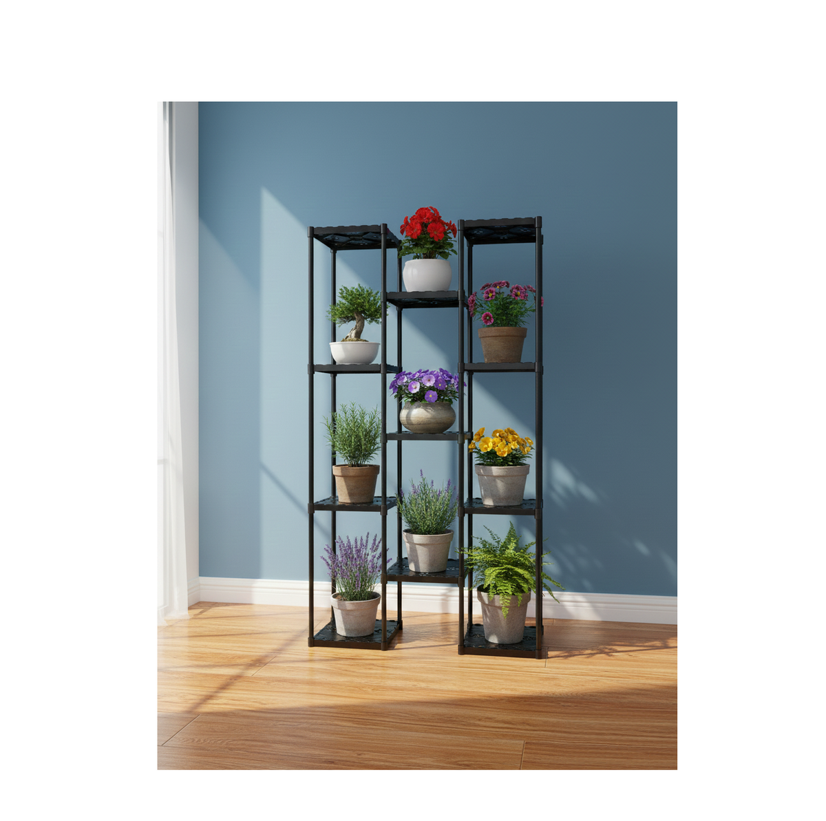KRISHYAM® 11-Tier Plastic Flower Stand for Indoor & Outdoor | Multi-Layer Plant Display Rack for Pots | Rust-Free, Heavy-Duty Garden Organizer Shelf (BLACK, 11 TIER)