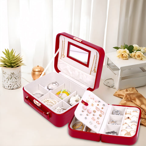 BUCKETLIST® PU Leather Jewellery Organizer Box with Mirror & Necklace Hooks | Large Multi-Compartment Jewelry Storage Case with Removable Tray & Mini Travel Box (Luxury Jewelry Box with Mirror (Black, Pink, Red, White, Cramel)