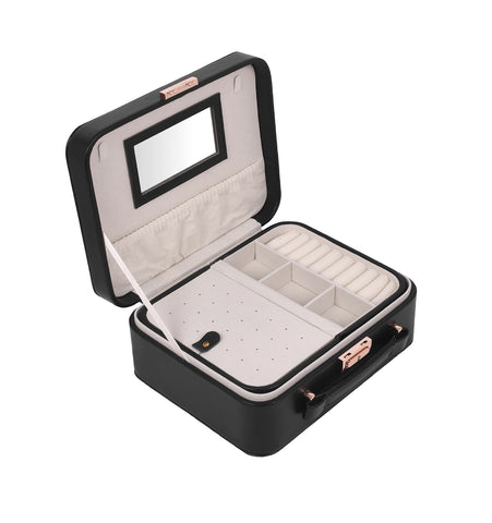 BUCKETLIST® PU Leather Jewellery Organizer Box with Mirror & Necklace Hooks | Large Multi-Compartment Jewelry Storage Case with Removable Tray & Mini Travel Box (Luxury Jewelry Box with Mirror (Black, Pink, Red, White, Cramel)