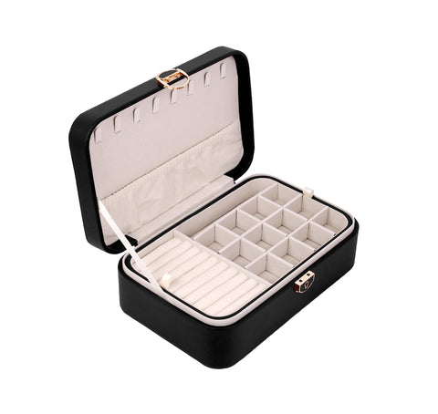 KRISHYAM® Luxury Lockable Jewelry Organizer Box – Portable PU Leather Organizer with Removable Tray for Rings, Earrings, Necklaces, and Bracelets (Black, Grey, White, Pink)
