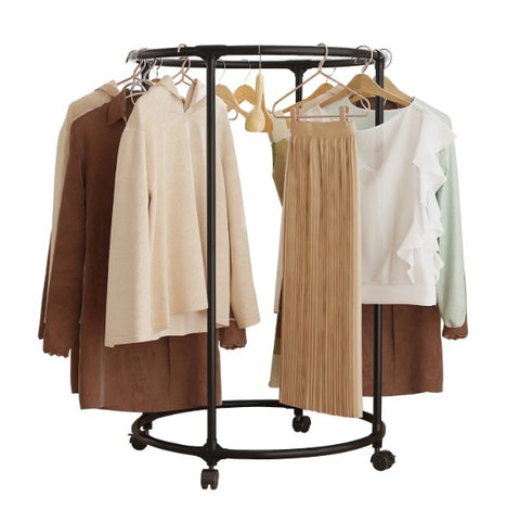 KriShyam® Round Garment Rack with Wheels – Freestanding Metal Clothing Rack, Multi-Purpose Floor-Standing Clothes Organizer for Retail & Home