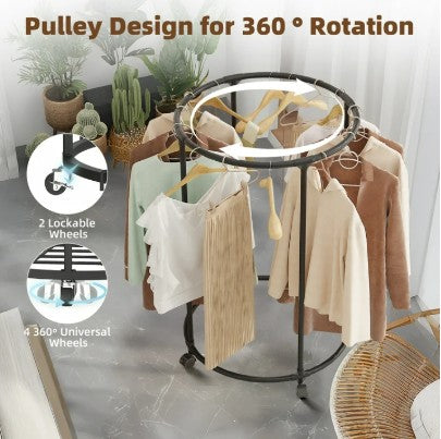 KriShyam® Round Garment Rack with Wheels – Freestanding Metal Clothing Rack, Multi-Purpose Floor-Standing Clothes Organizer for Retail & Home