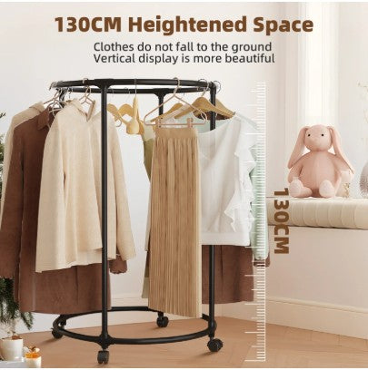 KriShyam® Round Garment Rack with Wheels – Freestanding Metal Clothing Rack, Multi-Purpose Floor-Standing Clothes Organizer for Retail & Home