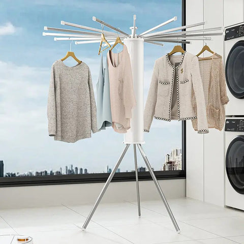 KRISHYAM® Premium Foldable Clothes Drying Rack with Wheels | 360° Rotating Telescopic Hanger Stand for Indoor & Outdoor Use (16 Stick-White & Silver with Wheel)
