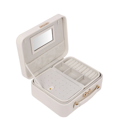 BUCKETLIST® PU Leather Jewellery Organizer Box with Mirror & Necklace Hooks | Large Multi-Compartment Jewelry Storage Case with Removable Tray & Mini Travel Box (Luxury Jewelry Box with Mirror (Black, Pink, Red, White, Cramel)