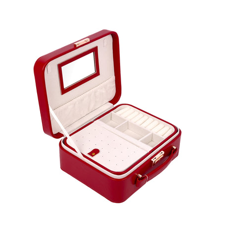 BUCKETLIST® PU Leather Jewellery Organizer Box with Mirror & Necklace Hooks | Large Multi-Compartment Jewelry Storage Case with Removable Tray & Mini Travel Box (Luxury Jewelry Box with Mirror (Black, Pink, Red, White, Cramel)