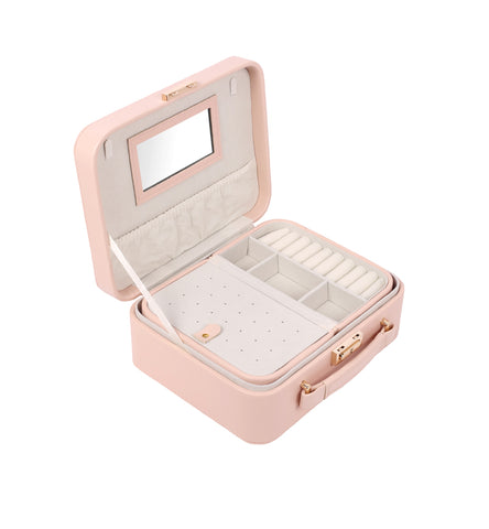 BUCKETLIST® PU Leather Jewellery Organizer Box with Mirror & Necklace Hooks | Large Multi-Compartment Jewelry Storage Case with Removable Tray & Mini Travel Box (Luxury Jewelry Box with Mirror (Black, Pink, Red, White, Cramel)