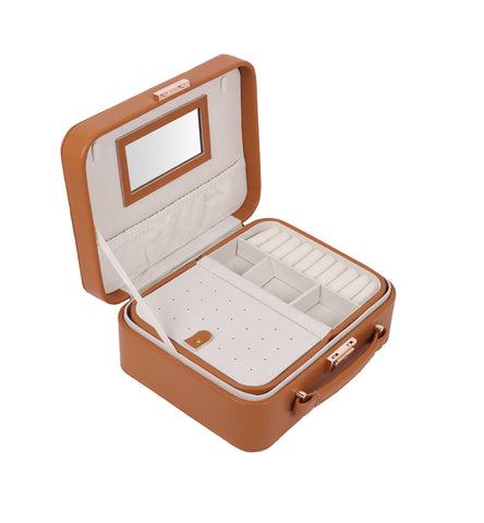 BUCKETLIST® PU Leather Jewellery Organizer Box with Mirror & Necklace Hooks | Large Multi-Compartment Jewelry Storage Case with Removable Tray & Mini Travel Box (Luxury Jewelry Box with Mirror (Black, Pink, Red, White, Cramel)