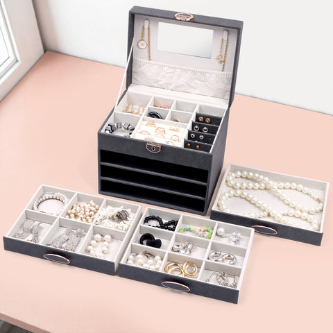 BucketList® Luxury PU Leather Jewellery Organizer Box with Mirror & Lock | 3 Drawer Jewelry Storage Case with Ring Rolls & Compartments (4 Drawers Jewelry Box with Mirror (Black,Gery, Pink, Red