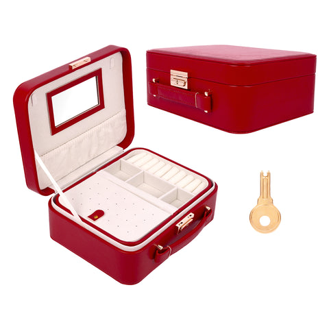BUCKETLIST® PU Leather Jewellery Organizer Box with Mirror & Necklace Hooks | Large Multi-Compartment Jewelry Storage Case with Removable Tray & Mini Travel Box (Luxury Jewelry Box with Mirror (Black, Pink, Red, White, Cramel)