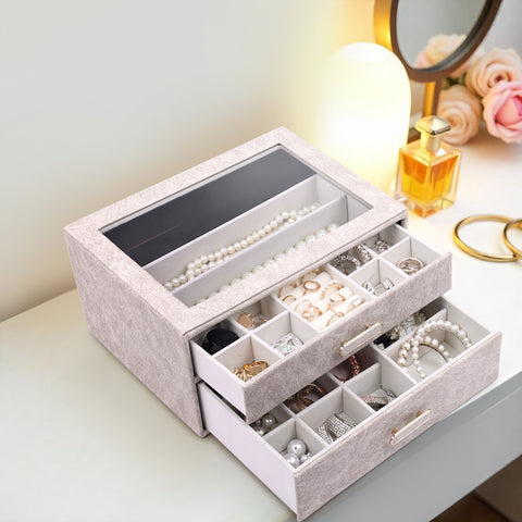 BucketList® Premium PU Leather Jewellery Organizer Box with Glass Lid | 2 Pull-Out Drawers Multi-Compartment Storage for Rings, Earrings, Necklaces & Bracelets (2-Layer Jewelry Box (Black, Pink, Red, White)