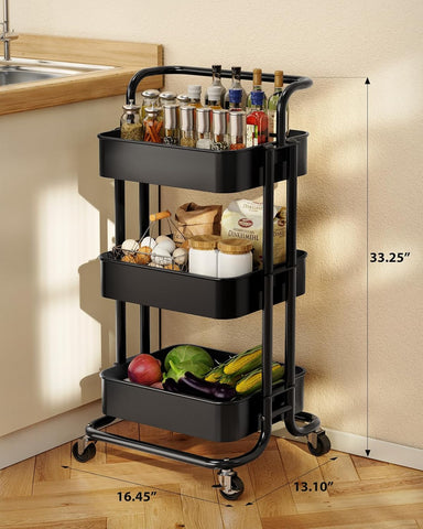 KriShyam ® Rolling Storage Organizer with Wooden Tabletop, Metal Utility, Lockable Wheels for Kitchen, Office, Bedroom (3-Layer Square with Handle)