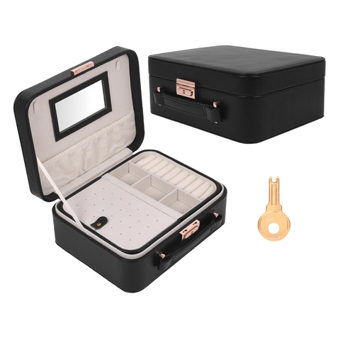 BUCKETLIST® PU Leather Jewellery Organizer Box with Mirror & Necklace Hooks | Large Multi-Compartment Jewelry Storage Case with Removable Tray & Mini Travel Box (Luxury Jewelry Box with Mirror (Black, Pink, Red, White, Cramel)