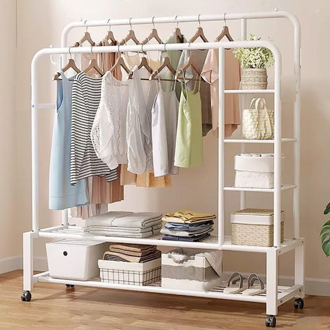 Krishyam® Double Rods Portable Garment Rack Wide Clothes Rail,Metal Clothes Rack with 2 Hanging Rails, 4 Hooks, 4 Side Shelves, and 2 Down Shelves, for Storing Shoes and Clothes