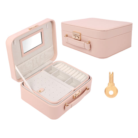 BUCKETLIST® PU Leather Jewellery Organizer Box with Mirror & Necklace Hooks | Large Multi-Compartment Jewelry Storage Case with Removable Tray & Mini Travel Box (Luxury Jewelry Box with Mirror (Black, Pink, Red, White, Cramel)