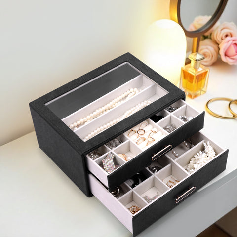 BucketList® Premium PU Leather Jewellery Organizer Box with Glass Lid | 2 Pull-Out Drawers Multi-Compartment Storage for Rings, Earrings, Necklaces & Bracelets (2-Layer Jewelry Box (Black, Pink, Red, White)