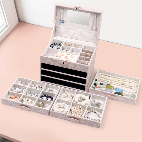 BucketList® Luxury PU Leather Jewellery Organizer Box with Mirror & Lock | 3 Drawer Jewelry Storage Case with Ring Rolls & Compartments (4 Drawers Jewelry Box with Mirror (Black,Gery, Pink, Red
