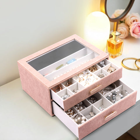 BucketList® Premium PU Leather Jewellery Organizer Box with Glass Lid | 2 Pull-Out Drawers Multi-Compartment Storage for Rings, Earrings, Necklaces & Bracelets (2-Layer Jewelry Box (Black, Pink, Red, White)