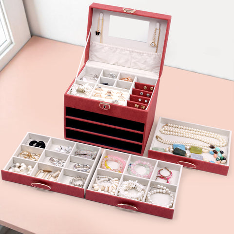 BucketList® Luxury PU Leather Jewellery Organizer Box with Mirror & Lock | 3 Drawer Jewelry Storage Case with Ring Rolls & Compartments (4 Drawers Jewelry Box with Mirror (Black,Gery, Pink, Red