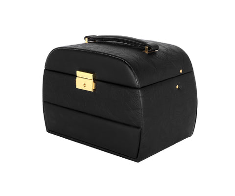 KRISHYAM® Luxury Lockable 3 Layer Leather Jewelry Box Organizerwith Mirror, Drawer & Key – Black Faux Leather Travel Case for Women & Girls
