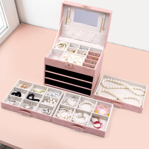 BucketList® Luxury PU Leather Jewellery Organizer Box with Mirror & Lock | 3 Drawer Jewelry Storage Case with Ring Rolls & Compartments (4 Drawers Jewelry Box with Mirror (Black,Gery, Pink, Red