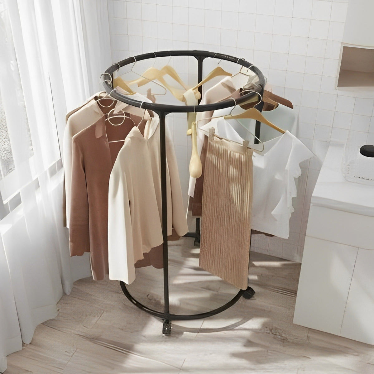 KriShyam® Round Garment Rack with Wheels – Freestanding Metal Clothing Rack, Multi-Purpose Floor-Standing Clothes Organizer for Retail & Home