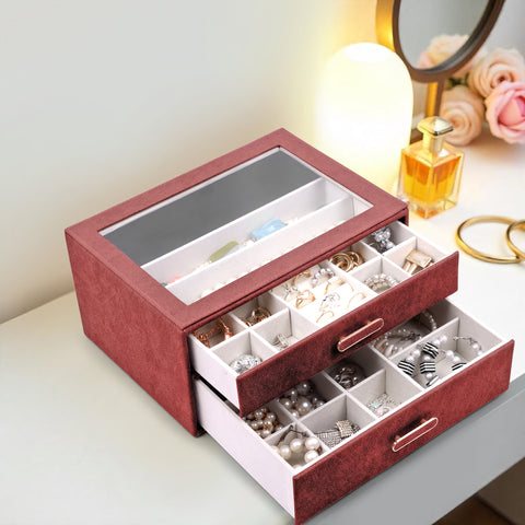 BucketList® Premium PU Leather Jewellery Organizer Box with Glass Lid | 2 Pull-Out Drawers Multi-Compartment Storage for Rings, Earrings, Necklaces & Bracelets (2-Layer Jewelry Box (Black, Pink, Red, White)