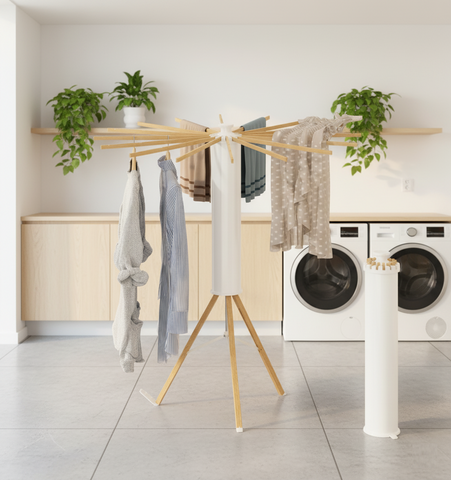 KRISHYAM® 16 Stick Clothes Drying Rack - Portable Indoor/Outdoor Laundry Airer | Space-Saving Tripod Design | Natural Bamboo & White Finish (16 Stick-White & Wooden)