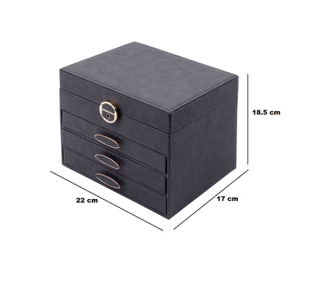 BucketList® Luxury PU Leather Jewellery Organizer Box with Mirror & Lock | 3 Drawer Jewelry Storage Case with Ring Rolls & Compartments (4 Drawers Jewelry Box with Mirror (Black,Gery, Pink, Red