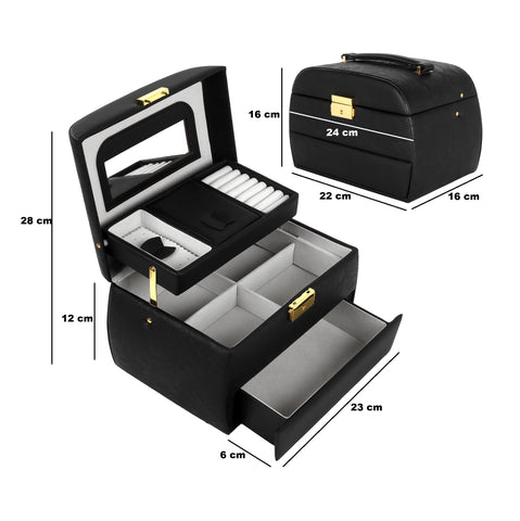 KRISHYAM® Luxury Lockable 3 Layer Leather Jewelry Box Organizerwith Mirror, Drawer & Key – Black Faux Leather Travel Case for Women & Girls