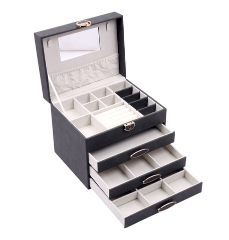 BucketList® Luxury PU Leather Jewellery Organizer Box with Mirror & Lock | 3 Drawer Jewelry Storage Case with Ring Rolls & Compartments (4 Drawers Jewelry Box with Mirror (Black,Gery, Pink, Red