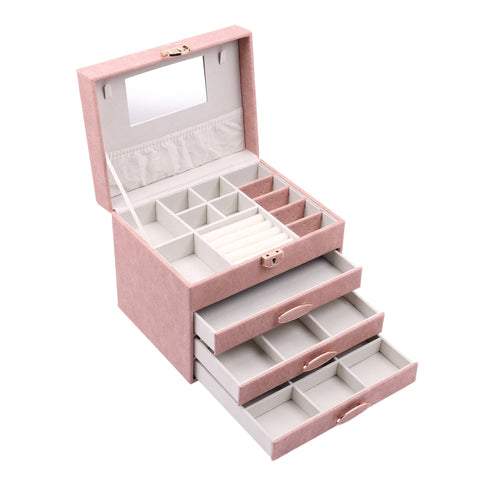 BucketList® Luxury PU Leather Jewellery Organizer Box with Mirror & Lock | 3 Drawer Jewelry Storage Case with Ring Rolls & Compartments (4 Drawers Jewelry Box with Mirror (Black,Gery, Pink, Red