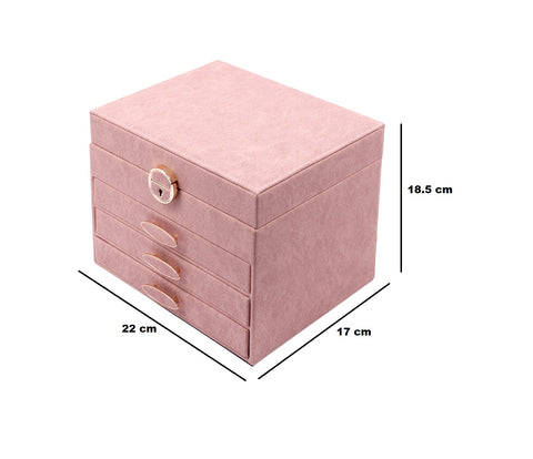 BucketList® Luxury PU Leather Jewellery Organizer Box with Mirror & Lock | 3 Drawer Jewelry Storage Case with Ring Rolls & Compartments (4 Drawers Jewelry Box with Mirror (Black,Gery, Pink, Red