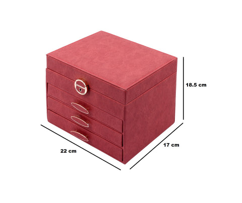 BucketList® Luxury PU Leather Jewellery Organizer Box with Mirror & Lock | 3 Drawer Jewelry Storage Case with Ring Rolls & Compartments (4 Drawers Jewelry Box with Mirror (Black,Gery, Pink, Red