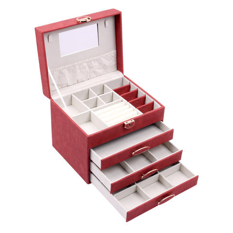 BucketList® Luxury PU Leather Jewellery Organizer Box with Mirror & Lock | 3 Drawer Jewelry Storage Case with Ring Rolls & Compartments (4 Drawers Jewelry Box with Mirror (Black,Gery, Pink, Red