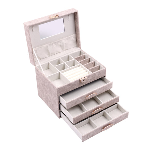 BucketList® Luxury PU Leather Jewellery Organizer Box with Mirror & Lock | 3 Drawer Jewelry Storage Case with Ring Rolls & Compartments (4 Drawers Jewelry Box with Mirror (Black,Gery, Pink, Red