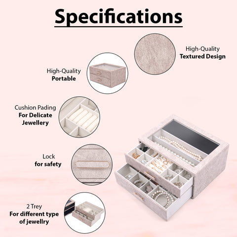 BucketList® Premium PU Leather Jewellery Organizer Box with Glass Lid | 2 Pull-Out Drawers Multi-Compartment Storage for Rings, Earrings, Necklaces & Bracelets (2-Layer Jewelry Box (Black, Pink, Red, White)