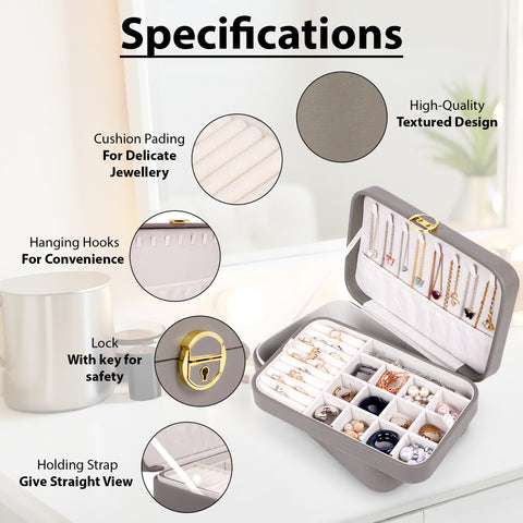 KRISHYAM® Luxury Lockable Jewelry Organizer Box – Portable PU Leather Organizer with Removable Tray for Rings, Earrings, Necklaces, and Bracelets (Black, Grey, White, Pink)
