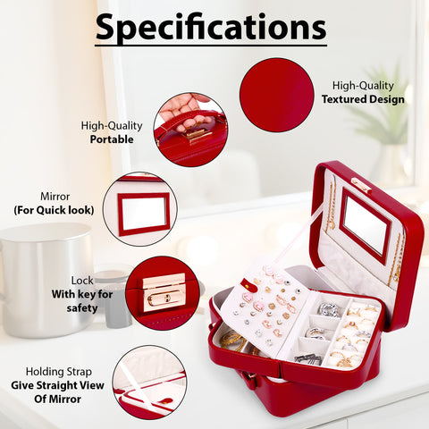 BUCKETLIST® PU Leather Jewellery Organizer Box with Mirror & Necklace Hooks | Large Multi-Compartment Jewelry Storage Case with Removable Tray & Mini Travel Box (Luxury Jewelry Box with Mirror (Black, Pink, Red, White, Cramel)